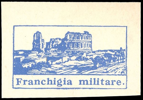 1943 - Franchigia, Anfiteatro di El Djem, prova di stampa in azzurro su carta gialla, non dentellata (1nota), nuova, gomma originale come sempre, perfetta. Ferrario.
