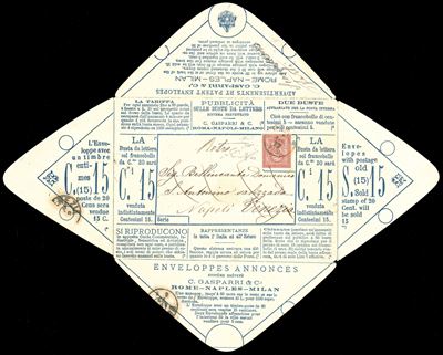 BUSTA PARLANTE, 20 cent. azzurro su crema, 1877, affrancata con 2 cent. De La Rue