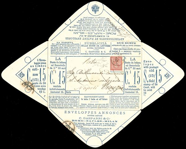 BUSTA PARLANTE SENZA NUMERO DI SERIE 1877 - 20 cent. azzurro su crema (2), recante sia il recto che al verso vari annunci pubblicitari e all'interno il calendario completo del 1877, affrancata con 2 cent. De La Rue, tiratura di Torino (T15), perfetto, da Napoli 1/4/1877 a Venezia, restituita al mittente a Napoli, manoscritto al verso 'sconosciuto'. Si tratta dell'UNICO ESEMPLARE NOTO USATO di questa busta parlante. Cert. Sorani, Oro Raybaudi e Ferrario.