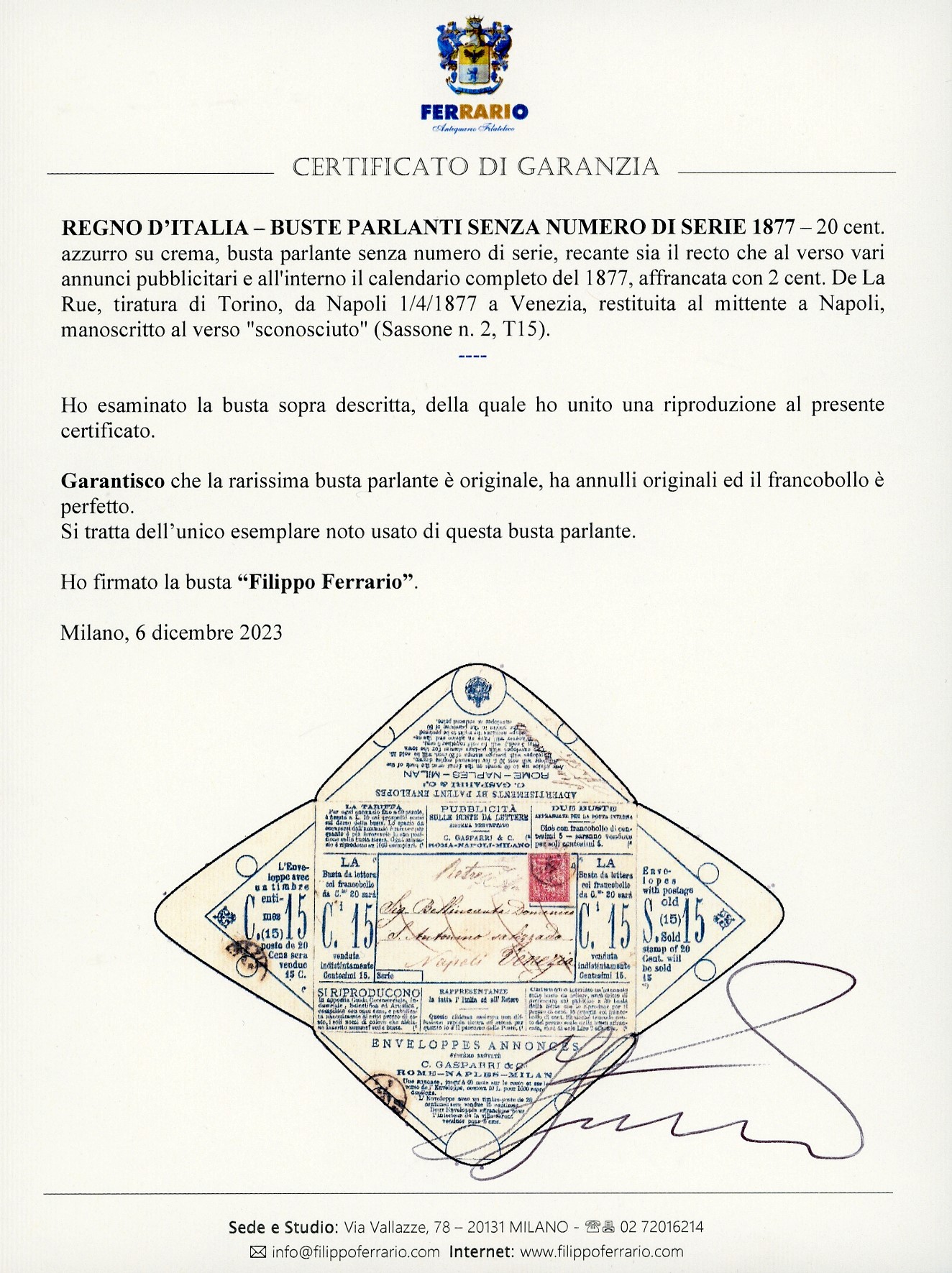 BUSTA PARLANTE, 20 cent. azzurro su crema, 1877, affrancata con 2 cent. De La Rue