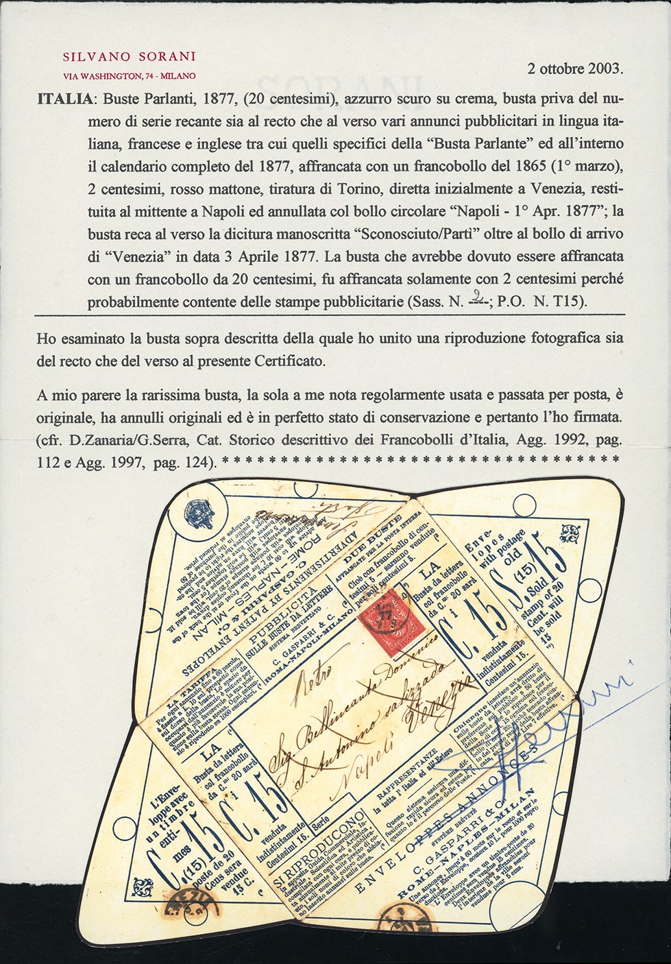 BUSTA PARLANTE, 20 cent. azzurro su crema, 1877, affrancata con 2 cent. De La Rue