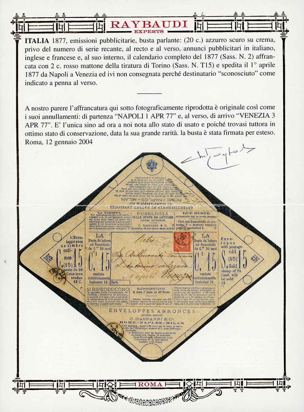 BUSTA PARLANTE, 20 cent. azzurro su crema, 1877, affrancata con 2 cent. De La Rue