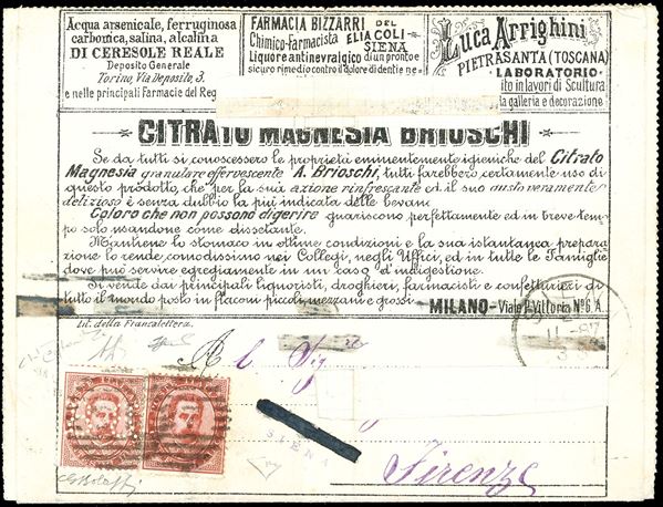 FRANCALETTERE 1887 - 8-8 su 10 cent. Umberto I (3), in affrancatura mista complementare con 10 cent. Umberto I (38), perfetti, su BUSTA FRANCALETTERE da Siena 2/11/1877 a Firenze. Rarissima affranctura di valori gemelli. G.Bolaffi, cert. Alberto ed Enzo Diena e Oro Raybaudi.