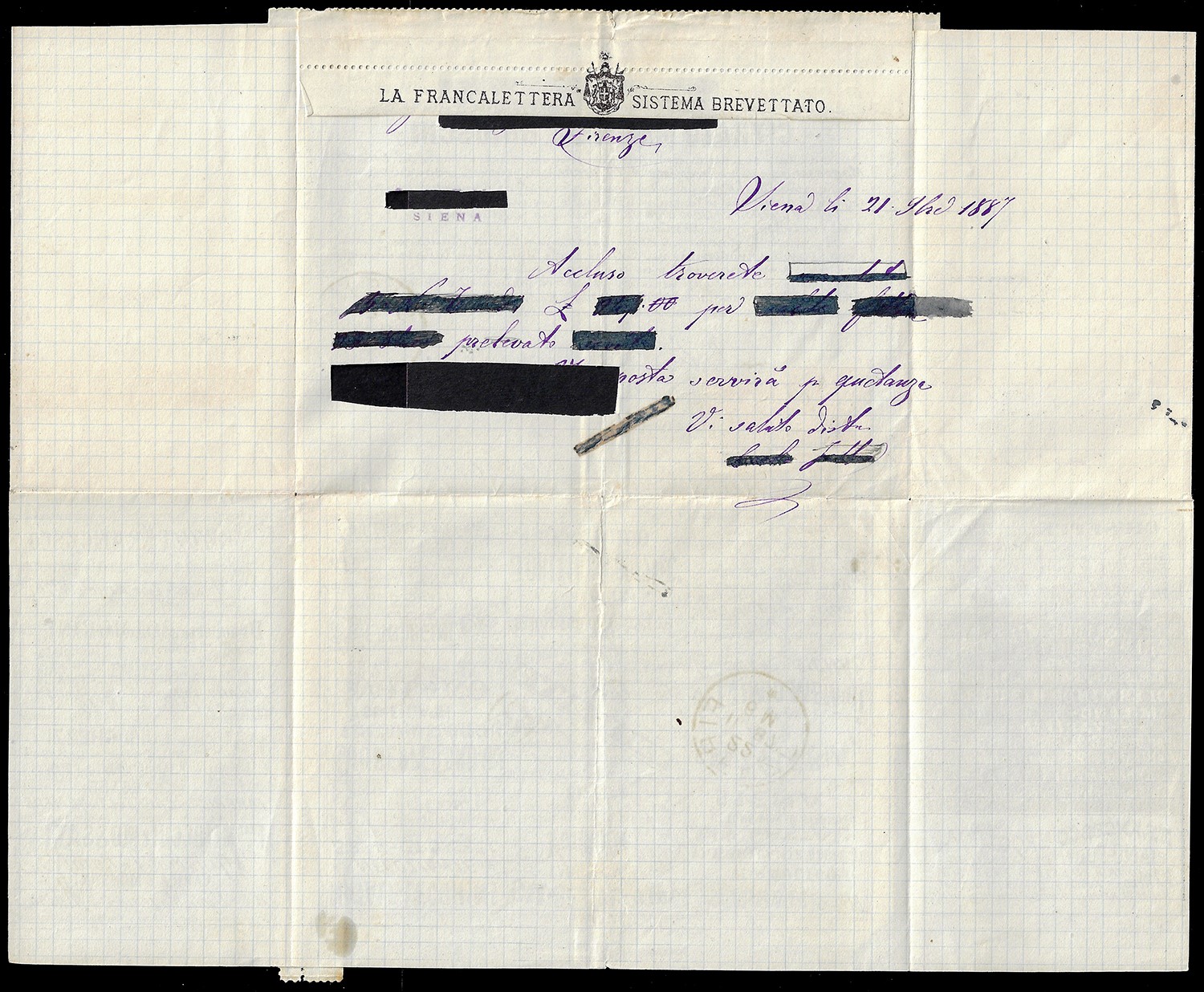 Umberto I, 8-8 su 10 cent. in affrancatura mista complementare su busta francalettere da Siena a ...