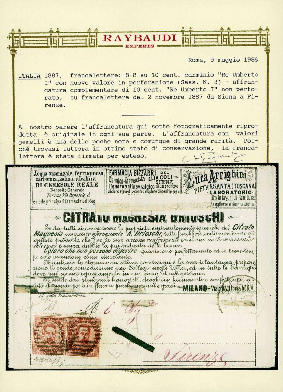 Umberto I, 8-8 su 10 cent. in affrancatura mista complementare su busta francalettere da Siena a ...