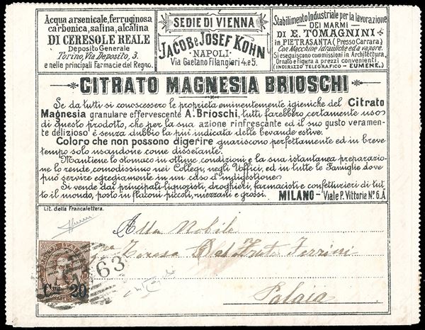 FRANCALETTERE 1891 - 20 cent. su 30 cent. soprastampato Umberto I, perfetto, su busta francalettere (9), da Pomarance 5/1/1891 a Palaia. Molto rara e di ottima qualità. Cert. Oro Raybaudi e Sorani.