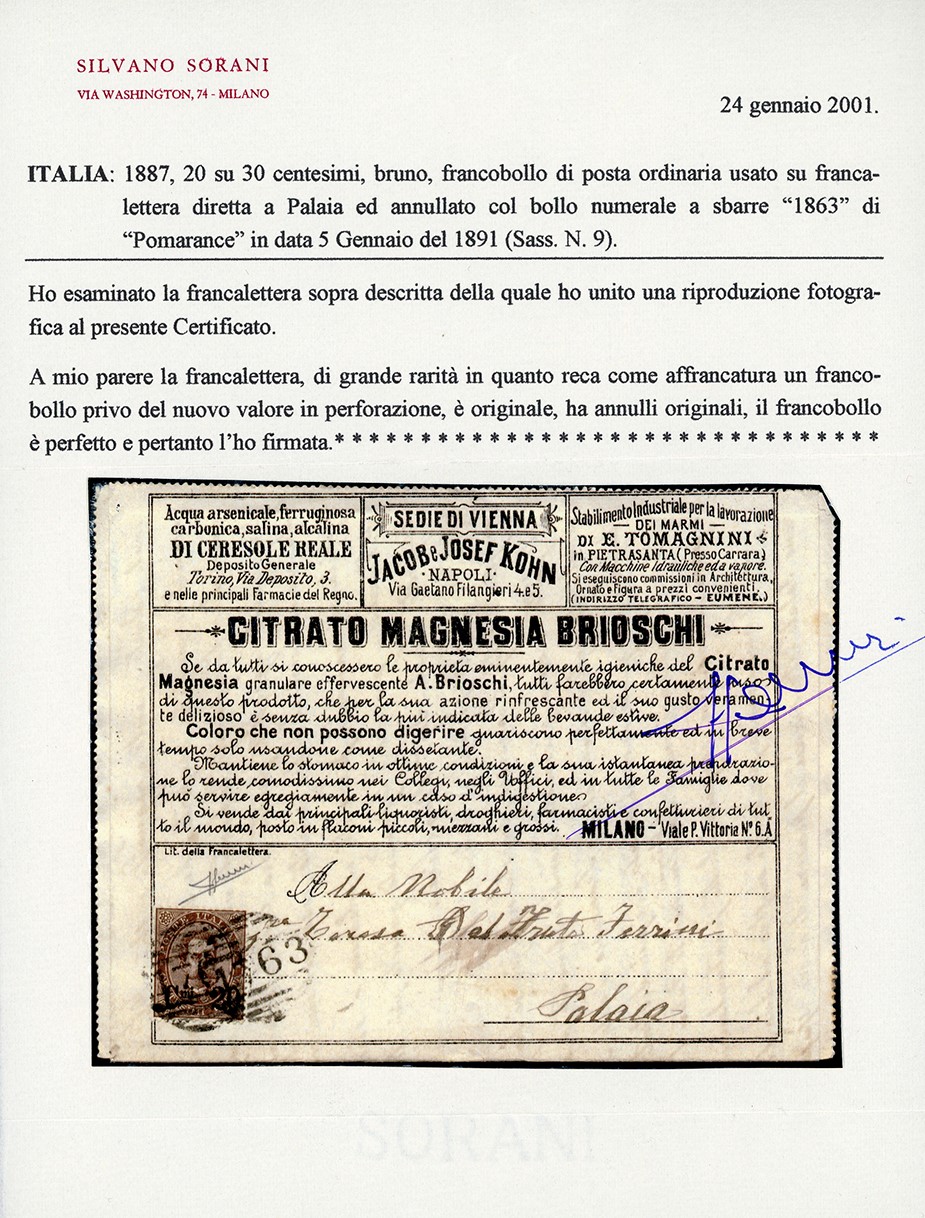 Francobollo, 20 cent. su 30 cent. soprastampato Umberto I su busta francalettere
