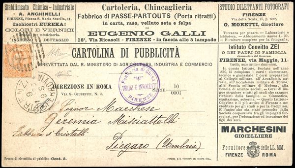 CARTOLINE DI PUBBLICITA' 1890 - 20 cent. Umberto I, perforato "CC" (1), su cartolina di pubblicità da Firenze 9/1/1890 a Piegaro. Questo tipo di cartolina reca generalmente le pubblicità di attività commerciali di Bologna. Questa con pubblicità di Firenze è estremamente rara e non catalogata. Per specialista. Ferrario, cert. A.Diena.