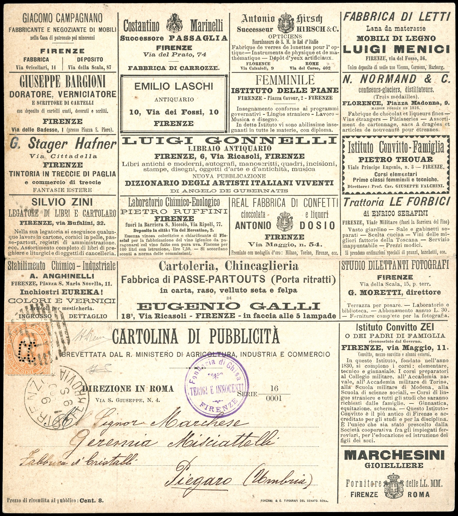Cartolina pubblicitaria, 20 cent. Umberto I, perforato 'CC', Firenze, 1890