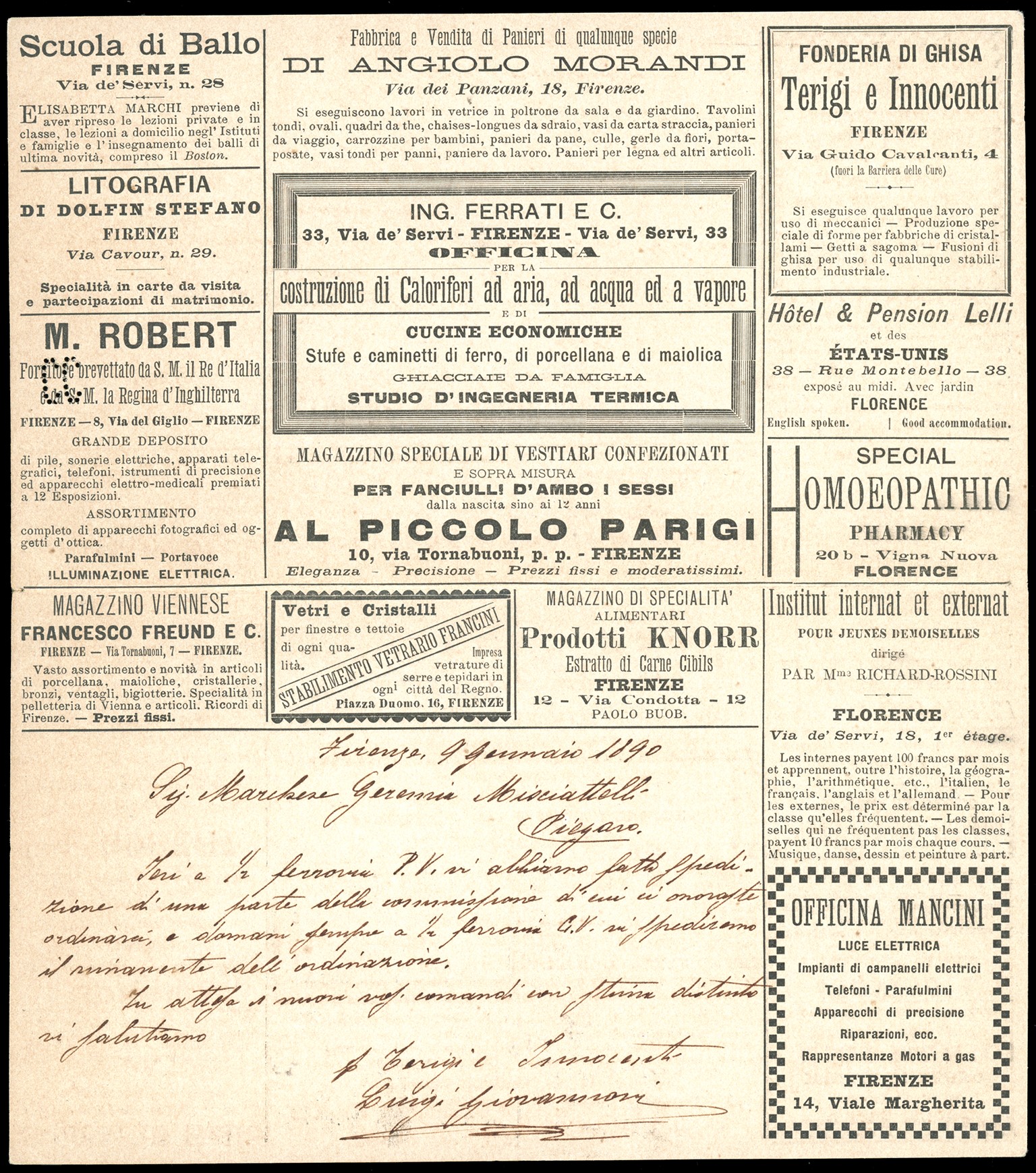 Cartolina pubblicitaria, 20 cent. Umberto I, perforato 'CC', Firenze, 1890