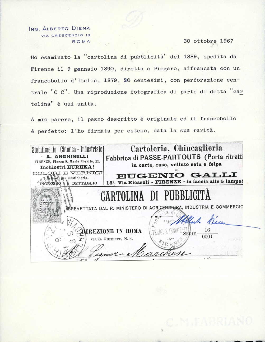Cartolina pubblicitaria, 20 cent. Umberto I, perforato 'CC', Firenze, 1890