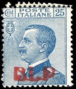 1921 - 25 cent. azzurro Michetti, soprastampa BLP del I tipo, DOPPIA DENTELLATURA IN ALTO (3l), nuovo, gomma originale, perfetto. E' l'unico esemplare nuovo finora noto. Si conosce solo un'altra coppia usata su busta. Rarità del settore. A.Diena, cert. Ferrario.