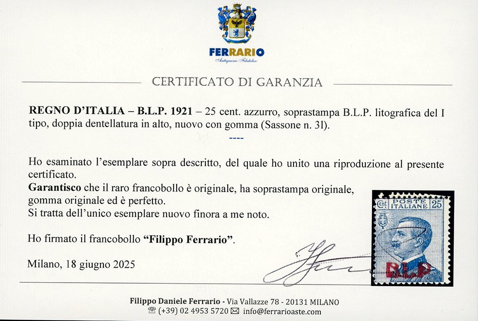 Michetti, 25 cent. azzurro con soprastampa BLP del I tipo, Doppia dentellatura in alto (3l), 1921