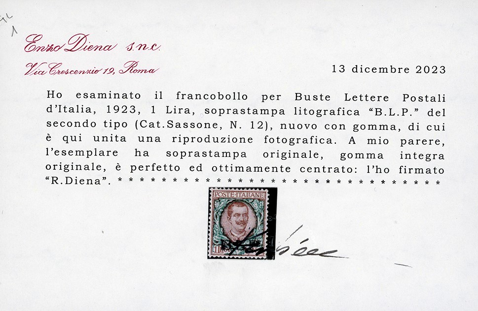 Diena, 1 lira soprastampa BLP del II tipo (12), 1923