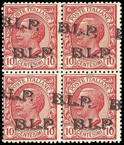 Francobollo, 10 cent. doppia soprastampa BLP del III tipo in bruno, blocco di quattro