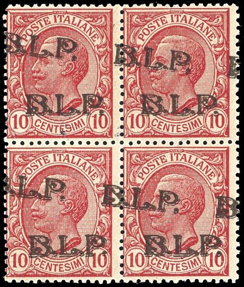 1923 - 10 cent. doppia soprastampa BLP del III tipo in bruno, di cui una obliqua (13Bda), blocco di quattro, nuovo, gomma originale integra, perfetto. Raro. Em. e A.Diena, Chiavarello, cert. Ferrario.