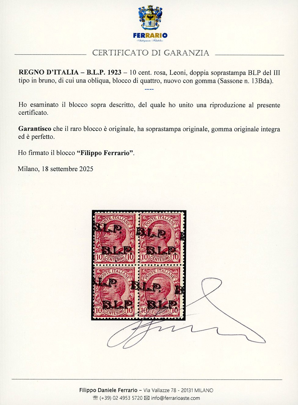 Francobollo, 10 cent. doppia soprastampa BLP del III tipo in bruno, blocco di quattro