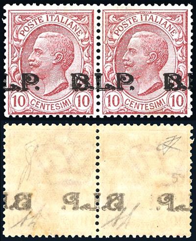 Francobollo, 10 cent. soprastampa BLP del III tipo con decalco, coppia orizzontale