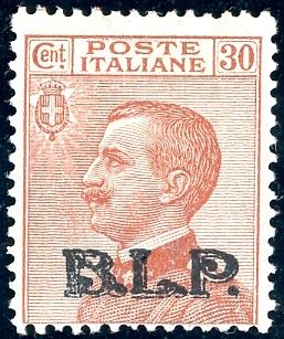 1923 - 30 cent. bruno arancio, soprastampa BLP del III tipo, dentellatura superiore fortemente spostata in alto, formato più alto (17n), nuovo, gomma originale, perfetto. Pochi esistenti. Ferrario.