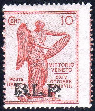 1922 - 10 cent. Vittoria, non emesso, soprastampa BLP obliqua (23cb), gomma originale integra, perfetto. Bello e raro! G.Colla, cert. Ferrario.