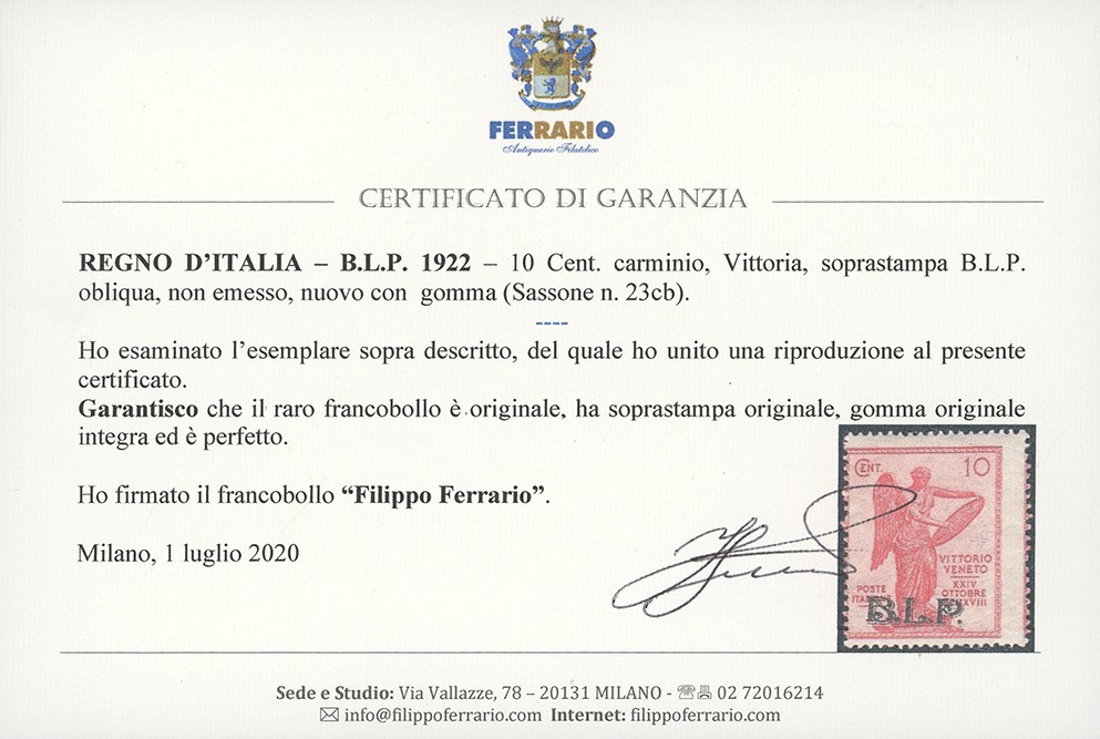 Vittoria, 10 cent. non emesso, soprastampa BLP obliqua (23cb), 1922, gomma originale integra
