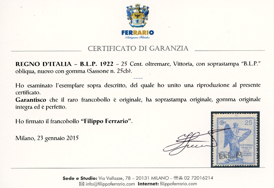 Vittoria, 25 cent. soprastampa BLP obliqua (25cb), non emesso, gomma originale integra, 1922