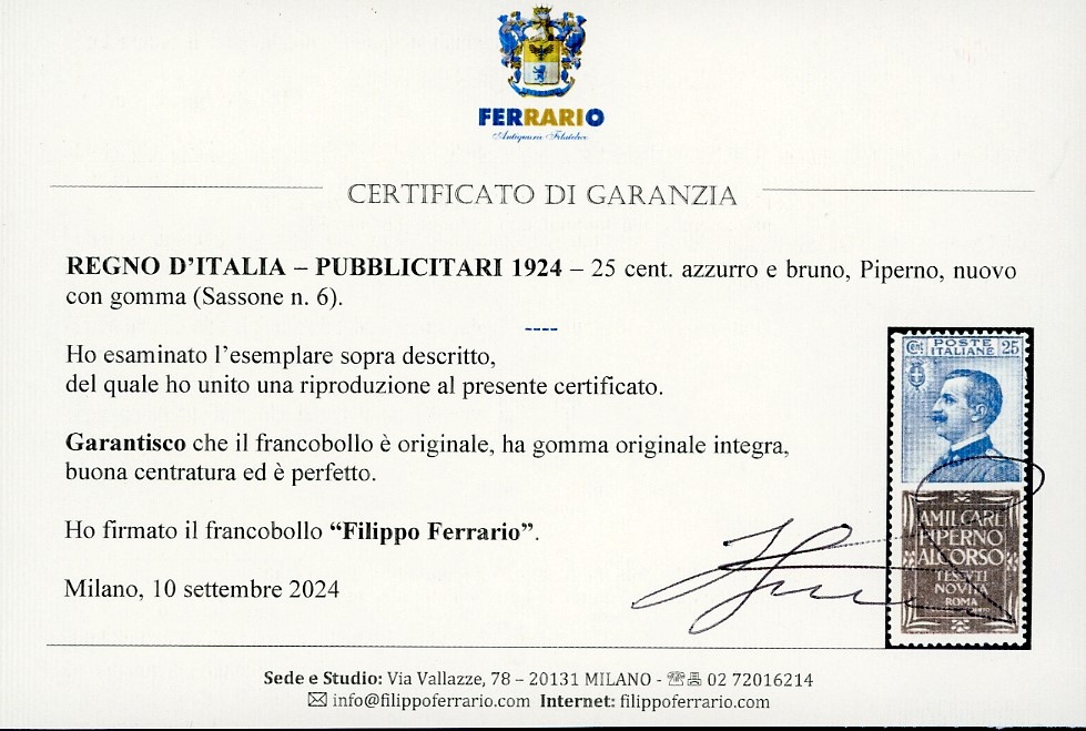 FRANCABOLLO, 25 cent. Piperno 1924, gomma originale integra