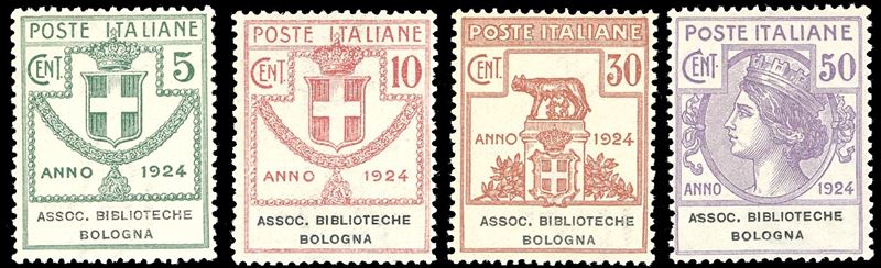 ASSOC.BIBLIOTECHE BOLOGNA 1924 - Serie completa (1/4), ben centrati, nuovi, gomma originale integra, perfetti. Molto freschi. Ferrario.  - Asta Filatelia - Cambi Casa d'Aste