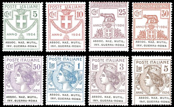 ASSOC.NAZ.MUTIL.INV.GUERRA-ROMA 1924 - Serie completa di otto valori (5/12), nuovi, gomma originale integra, perfetti. Molto freschi e il 3 lire ottimamente centrato firmato A.Diena. Tutti firmati Ferrario e alti valori cert. Ferrario.