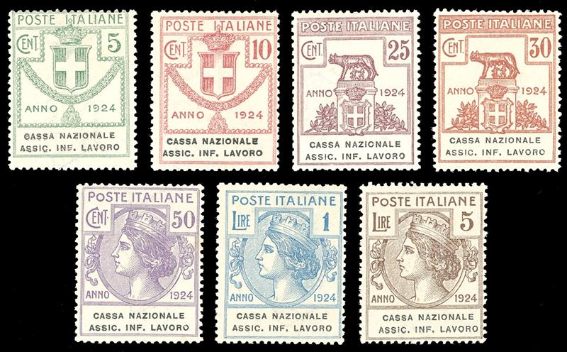 CASSA NAZIONALE ASSIC.INF.LAVORO 1924 - Serie compelta (17/23), gomma originale integra, perfetti. Ferrario.  - Auction Philately - Cambi Casa d'Aste
