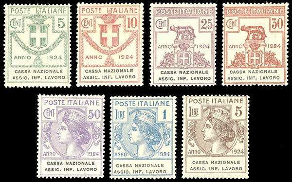 CASSA NAZIONALE ASSIC.INF.LAVORO 1924 - Serie completa (17/23), nuovi, gomma originale integra, perfetti. Molto freschi. Ferrario.