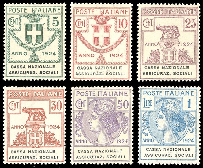 CASSA NAZIONALE ASSICURAZ.SOCIALI 1924 - Serie completa (24/29), ben centrati, gomma originale integra, perfetti. Ottima qualità. Raybaudi per l'alto valore, Ferrario per la serie.  - Asta Filatelia - Cambi Casa d'Aste
