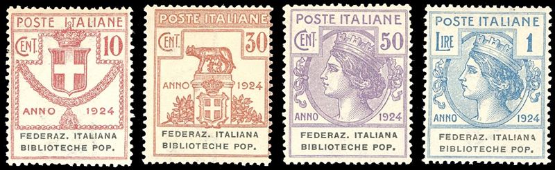 FEDERAZ.ITALIANA BIBLIOTECHE POP.1924 - Serie completa (34/37), nuovi, gomma originale integra, perfetti. Ferrario.  - Asta Filatelia - Cambi Casa d'Aste