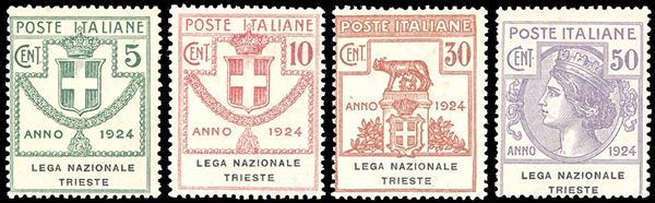 LEGA NAZIONALE TRIESTE 1924 - Serie completa (42/45), nuovi, gomma originale integra, perfetti. Cert. Raybaudi.