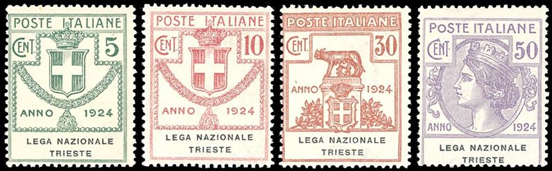 LEGA NAZIONALE TRIESTE 1924 - Serie completa (42/45), nuovi, gomma originale integra, perfetti. Cert. Raybaudi.  - Asta Filatelia - Cambi Casa d'Aste