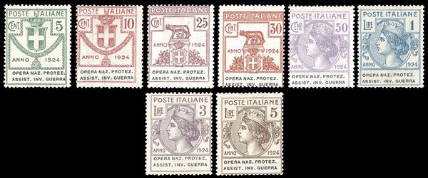 OPERA NAZ.PROTEZ.ASSIST.INV.GUERRA-ROMA 1924 - Serie completa (50/57), gomma originale integra, perfetti. Rara e di ottima qualità. A.Diena, Chiavarello, cert. Raybaudi e Ferrario per i due alti valori.