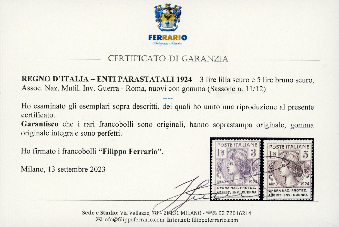 A. Diena, Serie completa dei francobolli dell'Opera Nazionale di Protezione Assistenziale in Guer...