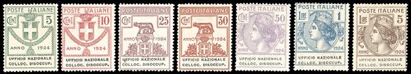 UFFICIO NAZIONALE COLLOC.DISOCCUP. 1924 - Serie completa (62/68), nuovi, gomma originale integra, perfetti. Molto freschi. Ferrario.