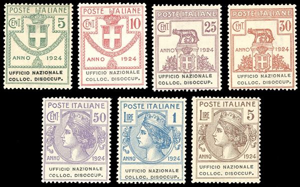 UFFICIO NAZIONALE COLLOC.DISOCCUP. 1924 - Serie completa (62/68), nuovi, gomma originale integra, perfetti. Ottima qualità. Ferrario.