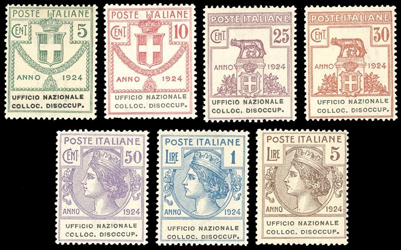 UFFICIO NAZIONALE COLLOC.DISOCCUP. 1924 - Serie completa (62/68), nuovi, gomma originale integra, perfetti. Ottima qualità. Ferrario.  - Auction Philately - Cambi Casa d'Aste