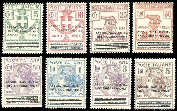 ASSOC. NAZ. MUTIL. INV. GUERRA-ROMA 1924 - Soprastampati, serie completa (70/77), nuovi, gomma originale integra, perfetti. Molto freschi e centratura sopra la media. Alti valori cert. Diena.