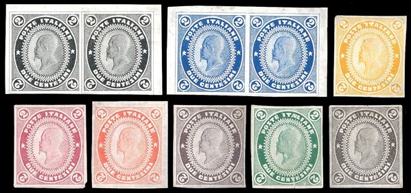 1862 - Saggi Pellas, 2 cent. (Unificato 16), due coppie e sei esemplari in colori differenti, senza gomma come sempre, perfetti ad eccezione degli esemplari in giallo ed in verde. Raro insieme. A.Diena, Ferrario.
