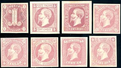 1863 - Saggi Ronchi, otto valori in rosa, carta leggera senza filigrana