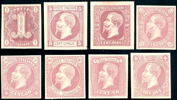 1863 - Saggi Ronchi, otto valori in colore rosa, provenienti dal foglietto. Carta leggera, senza filigrana e senza gomma, perfetti. (Novellario sp 12/19). Cert. Ferrario.