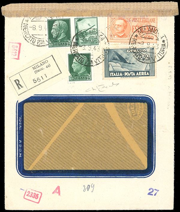1943 - 25 cent. Imperiale, 25 cent. Esercito Propaganda di Guerra, 2 lire espresso aereo, 2,50 lire espresso (248,2,A73,E16), perfetti, su fattura commerciale raccomandata espresso da Milano 8 settembre 1943 per la Germania, bollo di arrivo al verso bolli e fascetta di censura. Affrancatura eccezionale e probabilmente unica nel giorno dell'armistizio di Badoglio. Per specialista. Cert. Raybaudi.