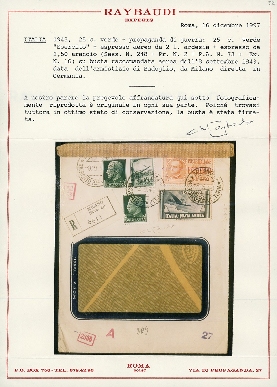 Francobolli Italiani, 25 cent. Imperiale e 25 cent. Esercito Propaganda di Guerra con 2 lire e 2,...
