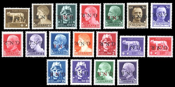 1944 - Soprastampati G.N.R. di Verona, i 18 valori noti con soprastampa capovolta (470a/487a,489a), gomma originale integra, perfetti. G.Oliva, Raybuadi, cert. Bianchi.