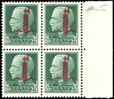 1944, 25 centesimi con soprastampa fascio rosso, blocco di quattro
