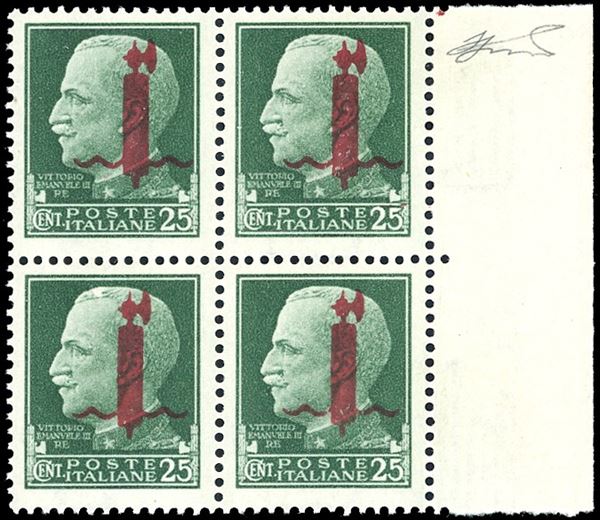 1944 - 25 cent. soprastampa fascio rosso (490), blocco di quattro, bordo di foglio, gomma originale integra, perfetto. G.Oliva, cert. Ferrario.
