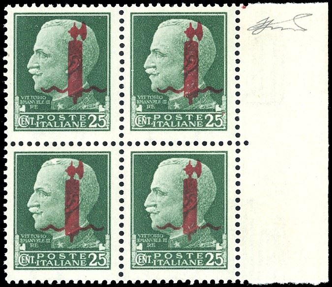 1944 - 25 cent. soprastampa fascio rosso (490), blocco di quattro, bordo di foglio, gomma originale integra, perfetto. G.Oliva, cert. Ferrario.  - Auction Philately - Cambi Casa d'Aste